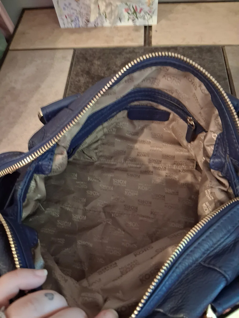 Michael Kors Navy Leather Slouchy Barrel Bag with Gold Hardware